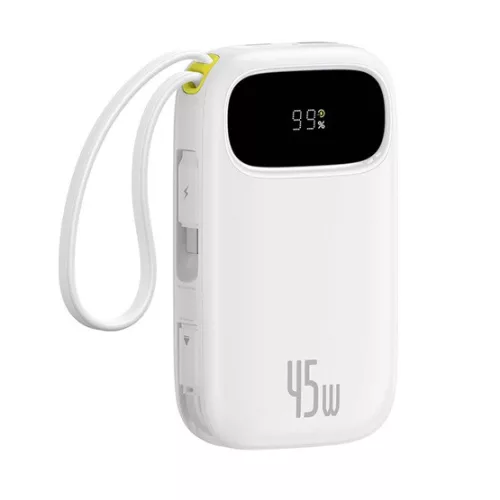 Baseus EnerFill FC31 gyorstöltő powerbank 20000 mAh, 45W, beépített 2×USB Type-C kábel, fehér