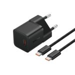 Baseus GaN5 Mini hálózati gyorstöltő 20W, USB Type-C, fekete + 100W USB Type-C, 1m kábel