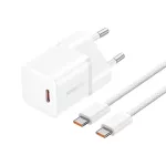 Baseus GaN5 Mini hálózati gyorstöltő 20W, USB Type-C, fehér + 100W USB Type-C, 1m kábel