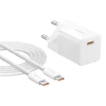 Baseus GaN5 Mini hálózati gyorstöltő 25W, USB Type-C, fehér + 100W USB Type-C, 1m kábel