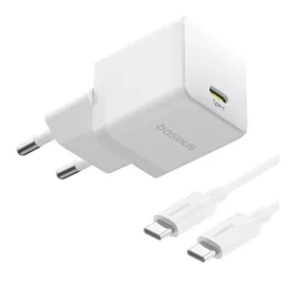   Baseus Palm hálózati gyorstöltő 20W, USB Type-C, fehér + 60W USB Type-C 1m kábel