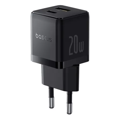 Baseus Palm hálózati gyorstöltő 20W, USB Type-C + USB Type-A, fekete