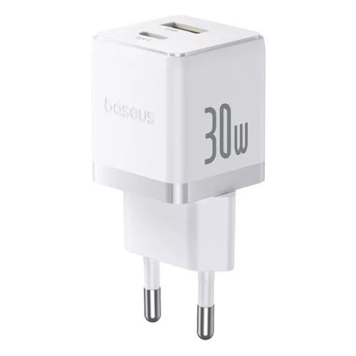 Baseus Palm hálózati gyorstöltő 30W, USB Type-C + USB Type-A, fehér