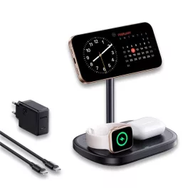   Baseus EnerFill FS41 3-in-1 vezeték nélküli töltő állvány 22,5W, fekete + 45W hálózati gyorstöltő + USB Type-C, 1m kábel