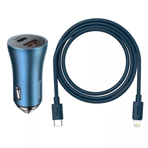 Baseus Golden Contactor Pro autós gyorstöltő 40W, USB Type-A + USB Type-C, kék + 20W USB Type-C – iPhone, 1m kábel