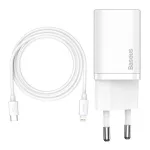 Baseus Super Si hálózati gyorstöltő 20W, USB Type-C, fehér + 20W USB Type-C – iPhone 1m kábel