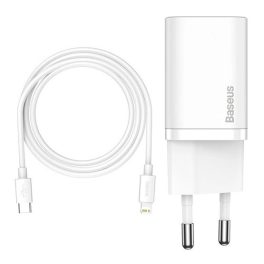  Baseus Super Si hálózati gyorstöltő 20W, USB Type-C, fehér + 20W USB Type-C – iPhone 1m kábel