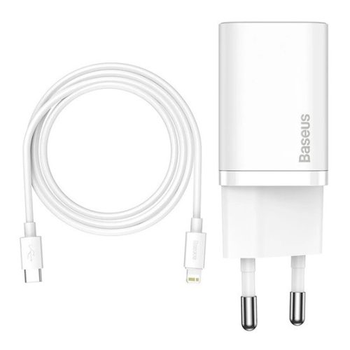 Baseus Super Si hálózati gyorstöltő 20W, USB Type-C, fehér + 20W USB Type-C – iPhone 1m kábel