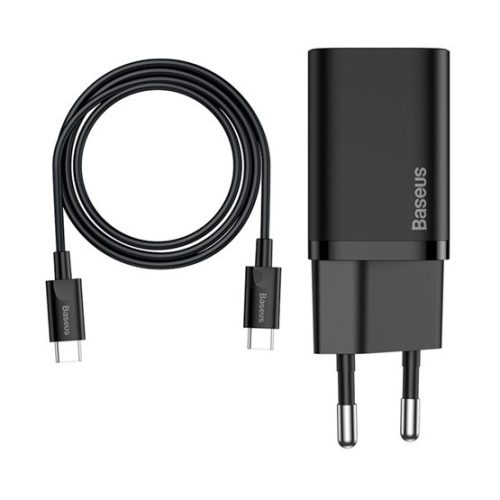 Baseus Super Si hálózati gyorstöltő 25W, USB Type-C, fekete + 3A USB Type-C, 1m kábel
