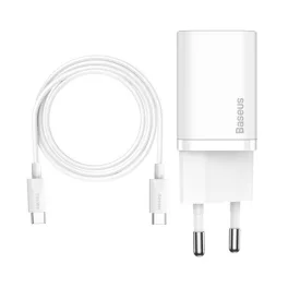   Baseus Super Si hálózati gyorstöltő 25W, USB Type-C, fehér + 3A USB Type-C, 1m kábel