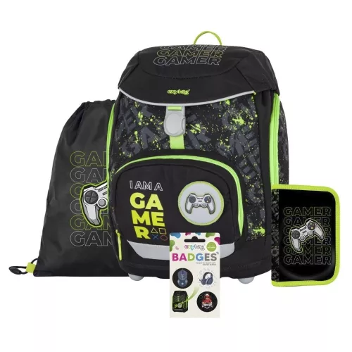 Iskolatáska szett OXY SHERPY 4 részes Gamer tolltartóval, tornazsákkal és cserélhető matricával